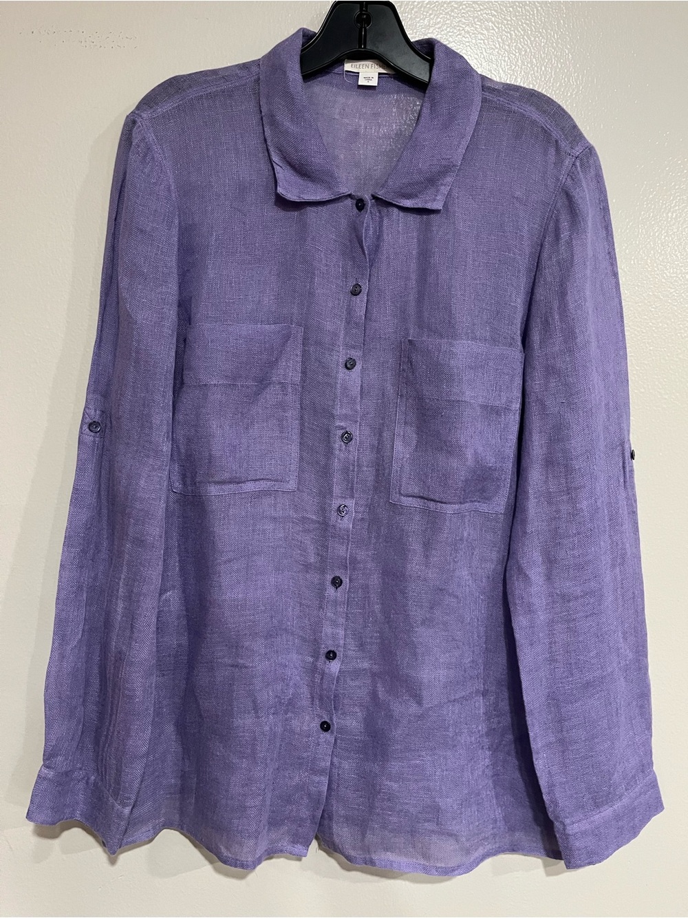 Eileen Fisher 100% Linen Purple Button-Down Pocket Shirt Sz S